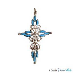 Vintage Silver Tone & Teal Filigree Cross Southwestern Style Pendant